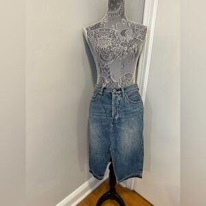 EUC Free People We the Free Sz:26 Denim Midi Skirt Front Slit Button Fly Raw Hem